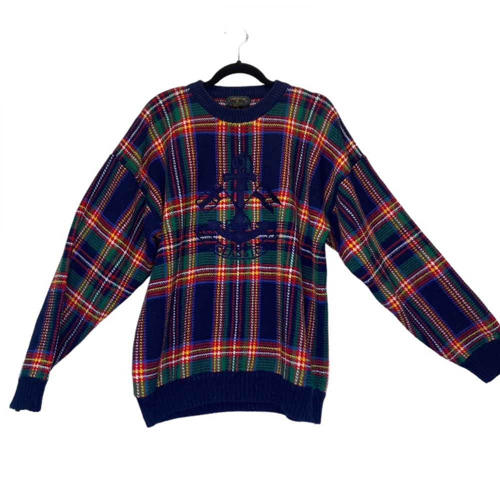 Charter Club Vintage Crewneck Sweater Large Plaid Colorful Embroidered Anchor